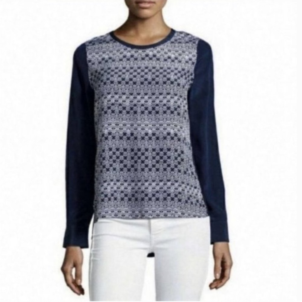 Diane von Furstenberg Sz 10 Louisa 100% silk Printed Top Navy Blue blouse